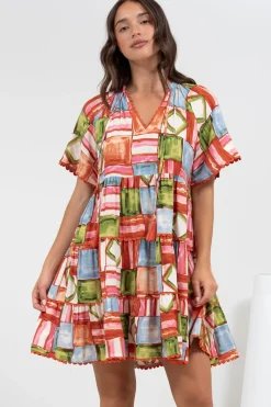 Ginley Mini Dress - V-Neck Scallop Spliced Tiered Dress in Tami Print>Salty Crush Sale