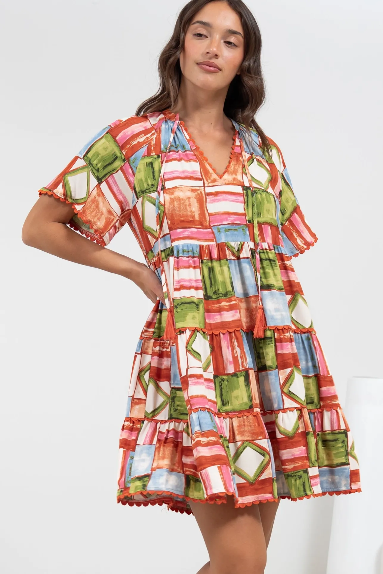 Ginley Mini Dress - V-Neck Scallop Spliced Tiered Dress in Tami Print>Salty Crush Sale