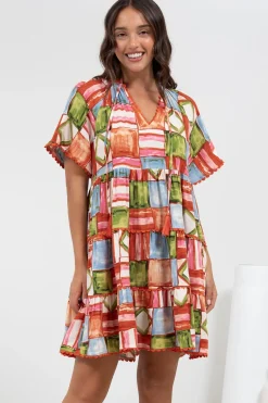 Ginley Mini Dress - V-Neck Scallop Spliced Tiered Dress in Tami Print><noscript><img width=