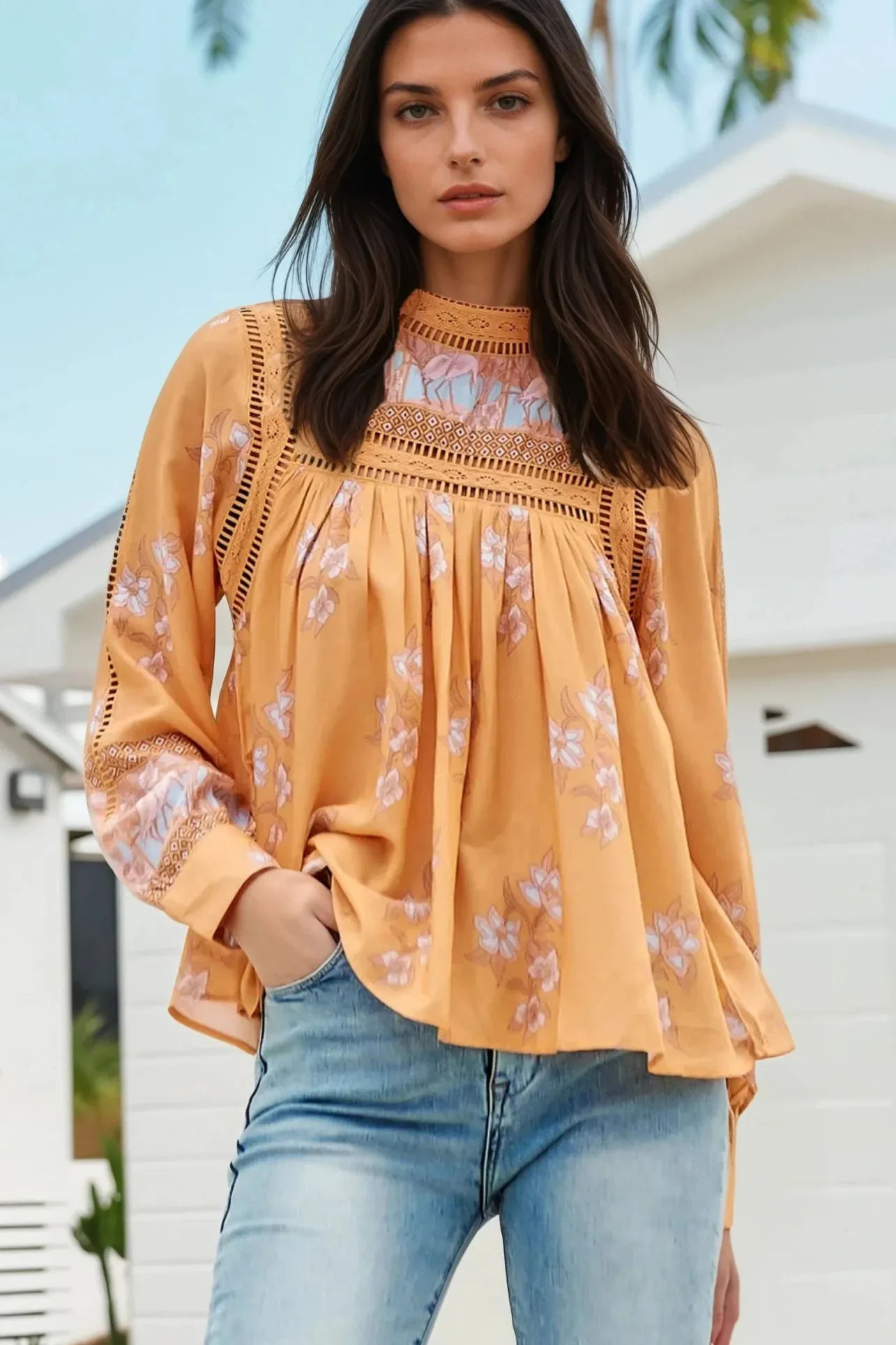 Ginny Blouse - Lace High Neck Pull Over Blouse in Mango Paper Crane Print>Jaase New