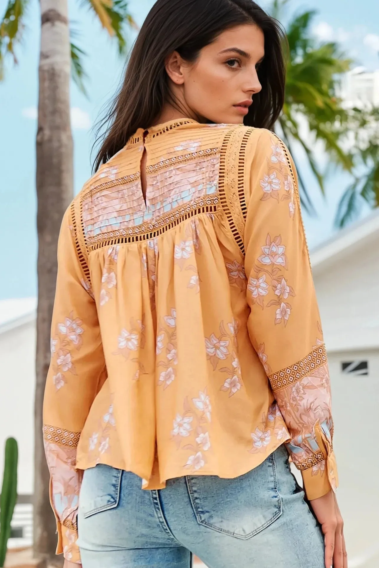 Ginny Blouse - Lace High Neck Pull Over Blouse in Mango Paper Crane Print>Jaase New