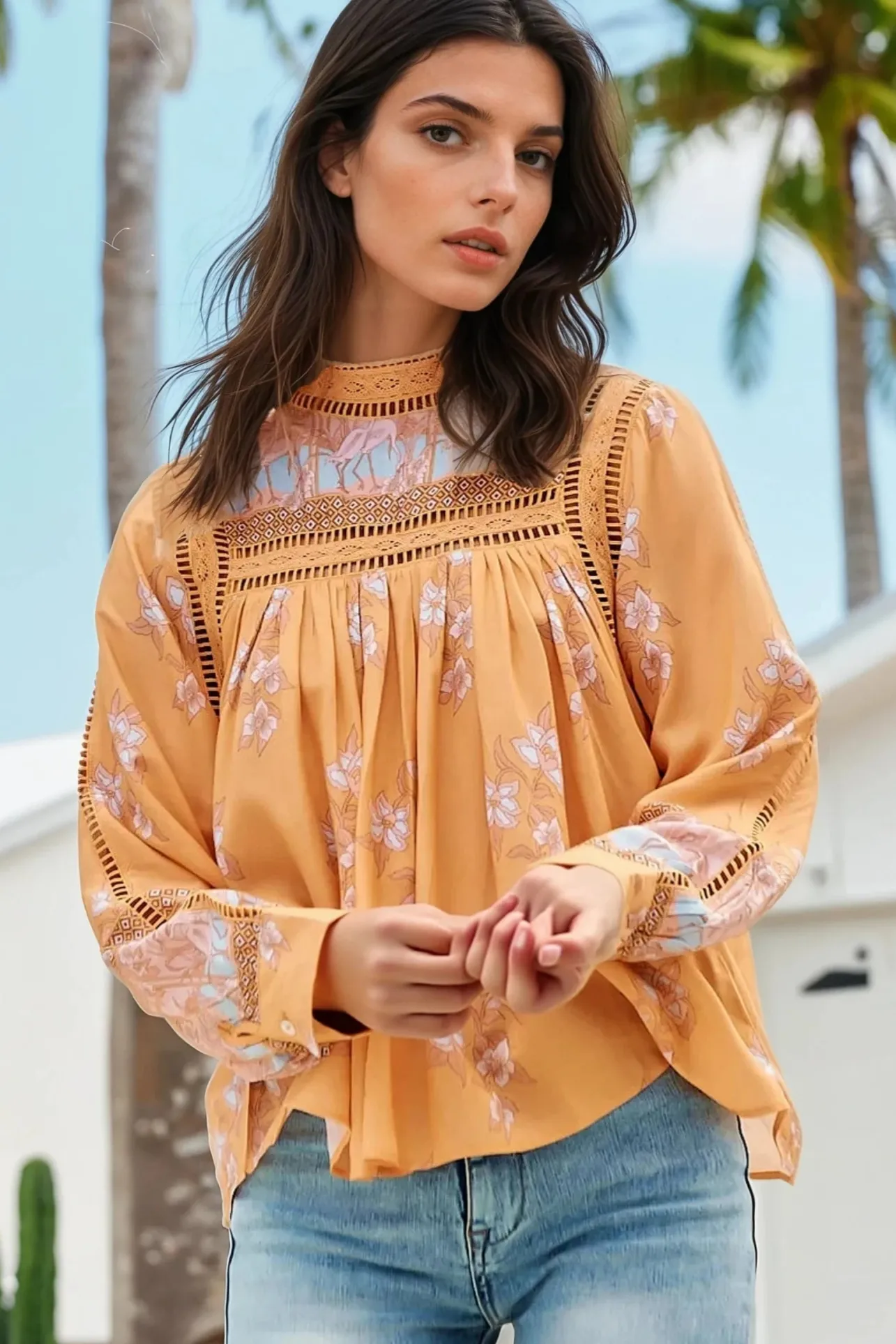 Ginny Blouse - Lace High Neck Pull Over Blouse in Mango Paper Crane Print>Jaase New