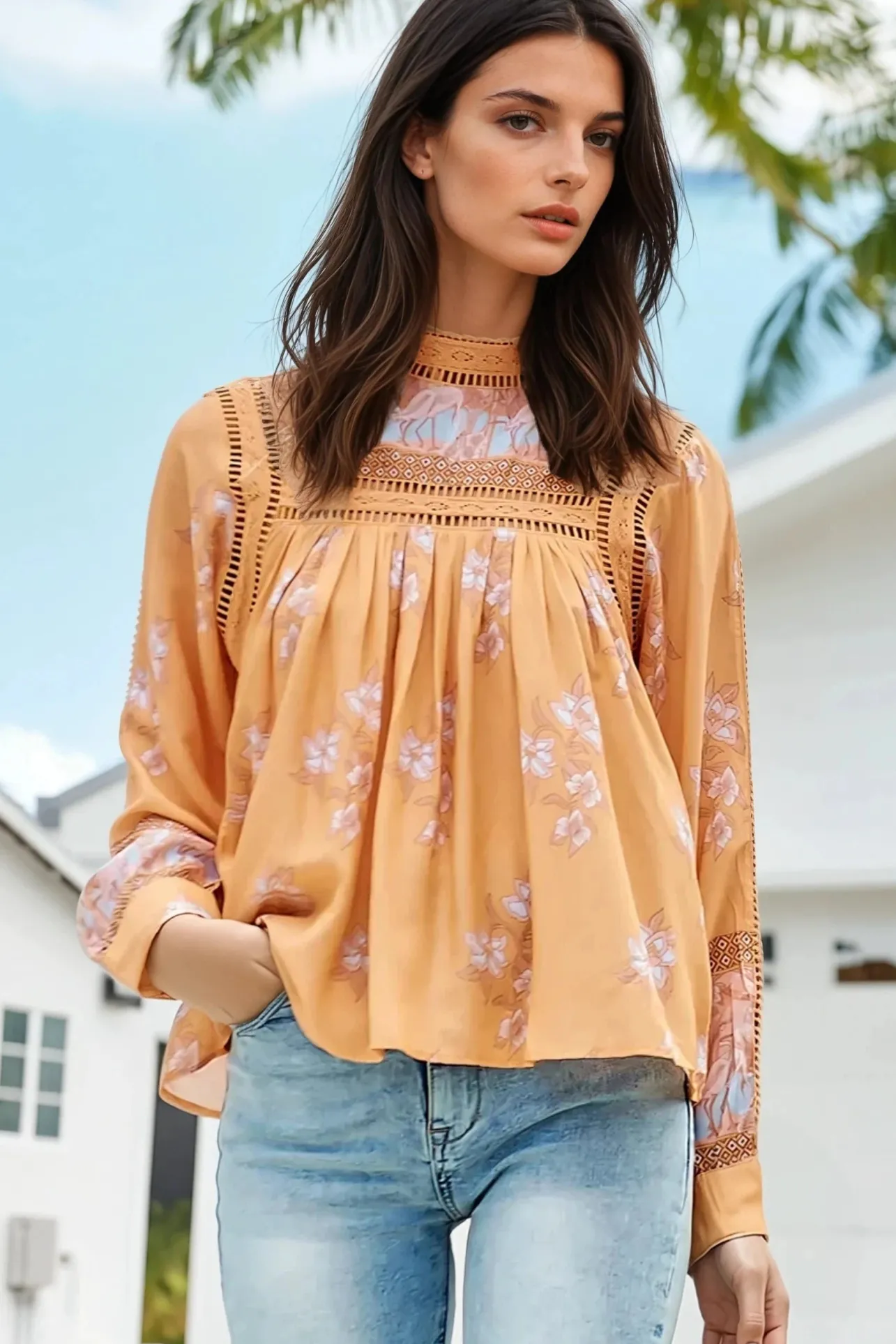 Ginny Blouse - Lace High Neck Pull Over Blouse in Mango Paper Crane Print>Jaase New