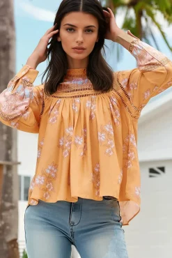 Ginny Blouse - Lace High Neck Pull Over Blouse in Mango Paper Crane Print><noscript><img width=