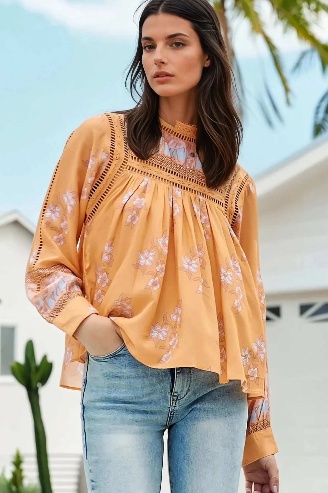 Ginny Blouse - Lace High Neck Pull Over Blouse in Mango Paper Crane Print>Jaase New