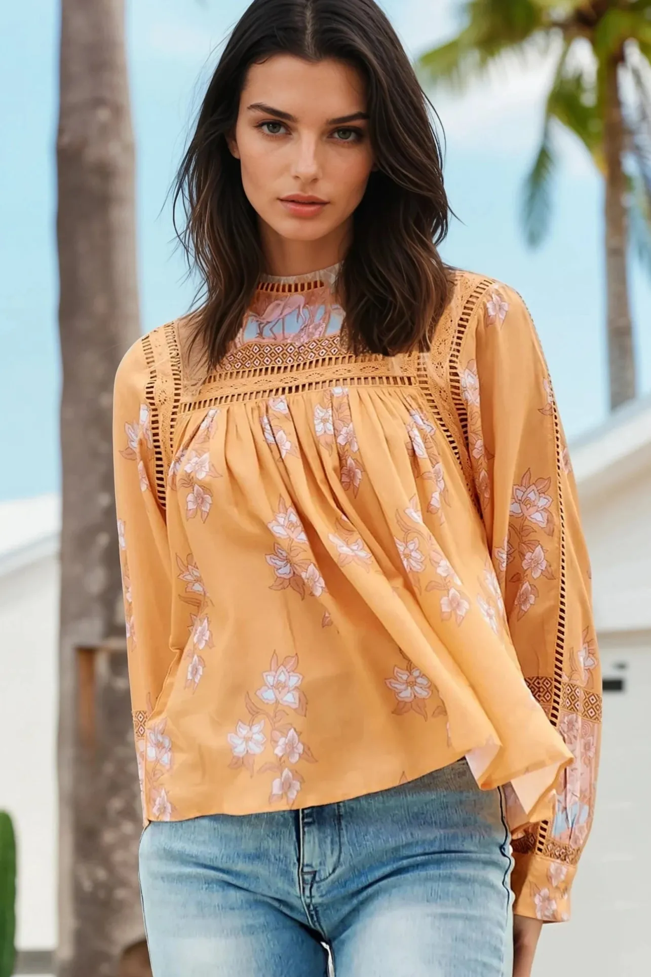 Ginny Blouse - Lace High Neck Pull Over Blouse in Mango Paper Crane Print>Jaase New