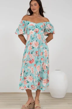 Gisella Midi Dress - Sweetheart Neckline A-Line Dress with Short Sleeves in Helara Print>Salty Crush Outlet