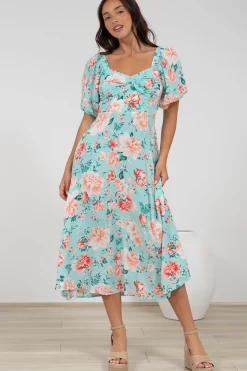 Gisella Midi Dress - Sweetheart Neckline A-Line Dress with Short Sleeves in Helara Print><noscript><img width=