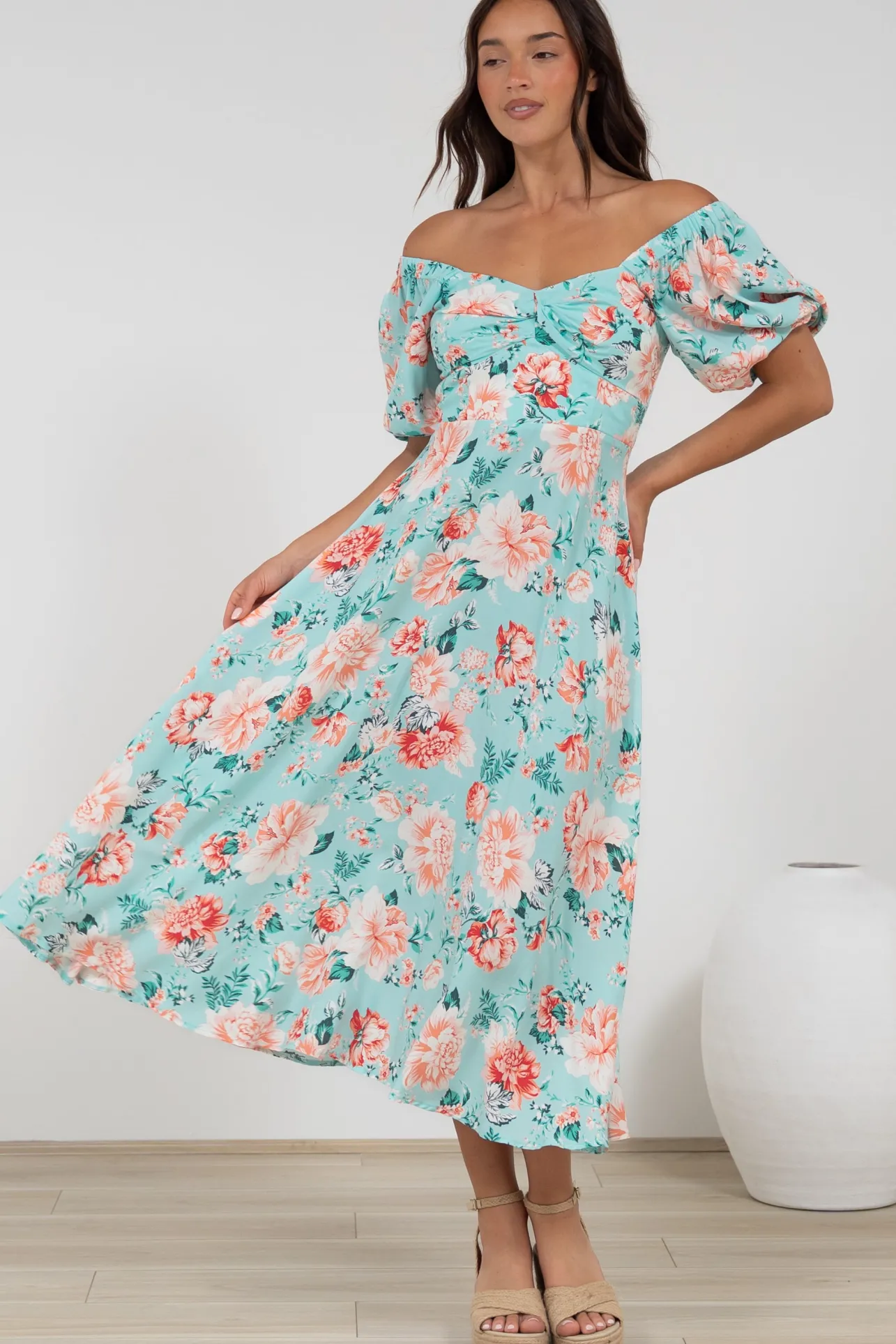 Gisella Midi Dress - Sweetheart Neckline A-Line Dress with Short Sleeves in Helara Print>Salty Crush Outlet