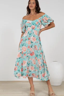 Gisella Midi Dress - Sweetheart Neckline A-Line Dress with Short Sleeves in Helara Print><noscript><img width=