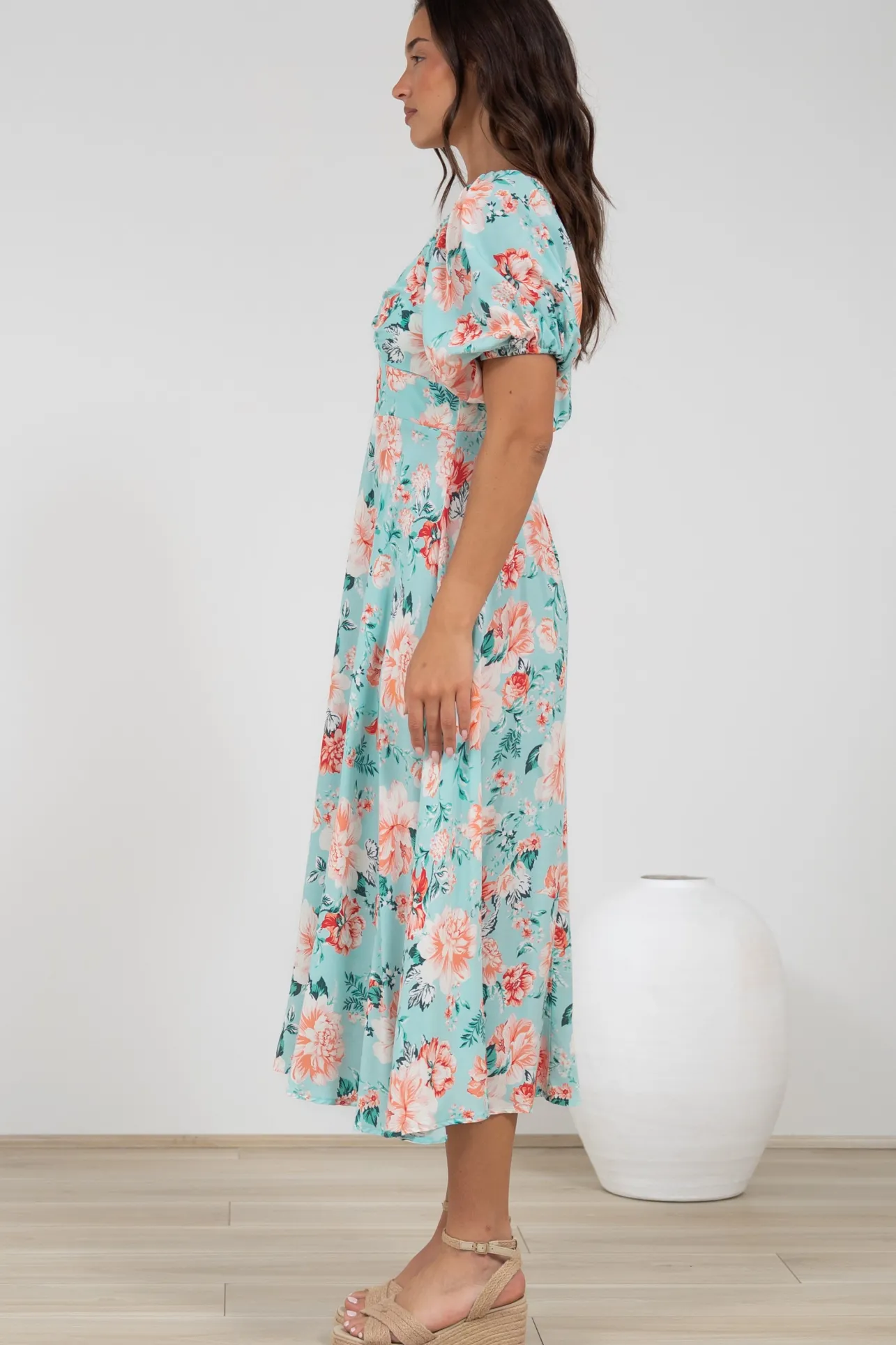Gisella Midi Dress - Sweetheart Neckline A-Line Dress with Short Sleeves in Helara Print>Salty Crush Outlet