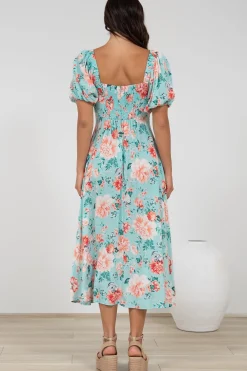 Gisella Midi Dress - Sweetheart Neckline A-Line Dress with Short Sleeves in Helara Print><noscript><img width=