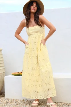 Giulia Maxi Dress - Floral Embroidered Sun Dress in Light Lemon><noscript><img width=