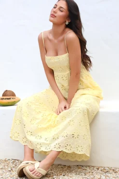Giulia Maxi Dress - Floral Embroidered Sun Dress in Light Lemon><noscript><img width=