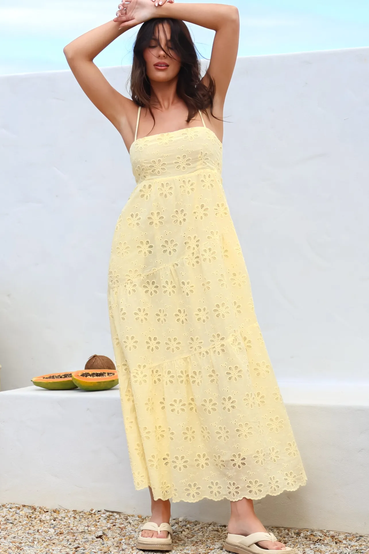 Giulia Maxi Dress - Floral Embroidered Sun Dress in Light Lemon>Salty Crush Hot