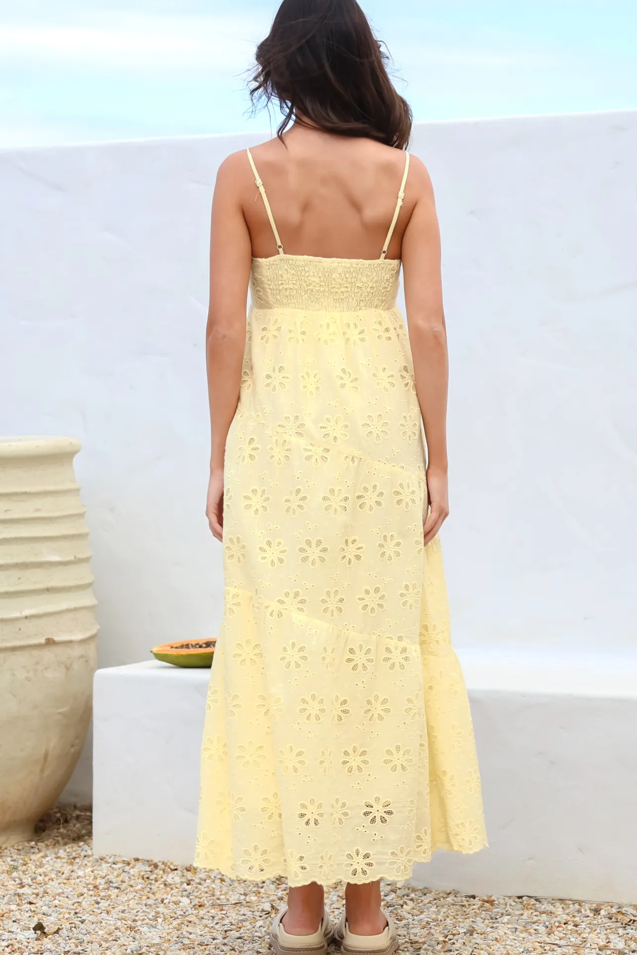Giulia Maxi Dress - Floral Embroidered Sun Dress in Light Lemon>Salty Crush Hot