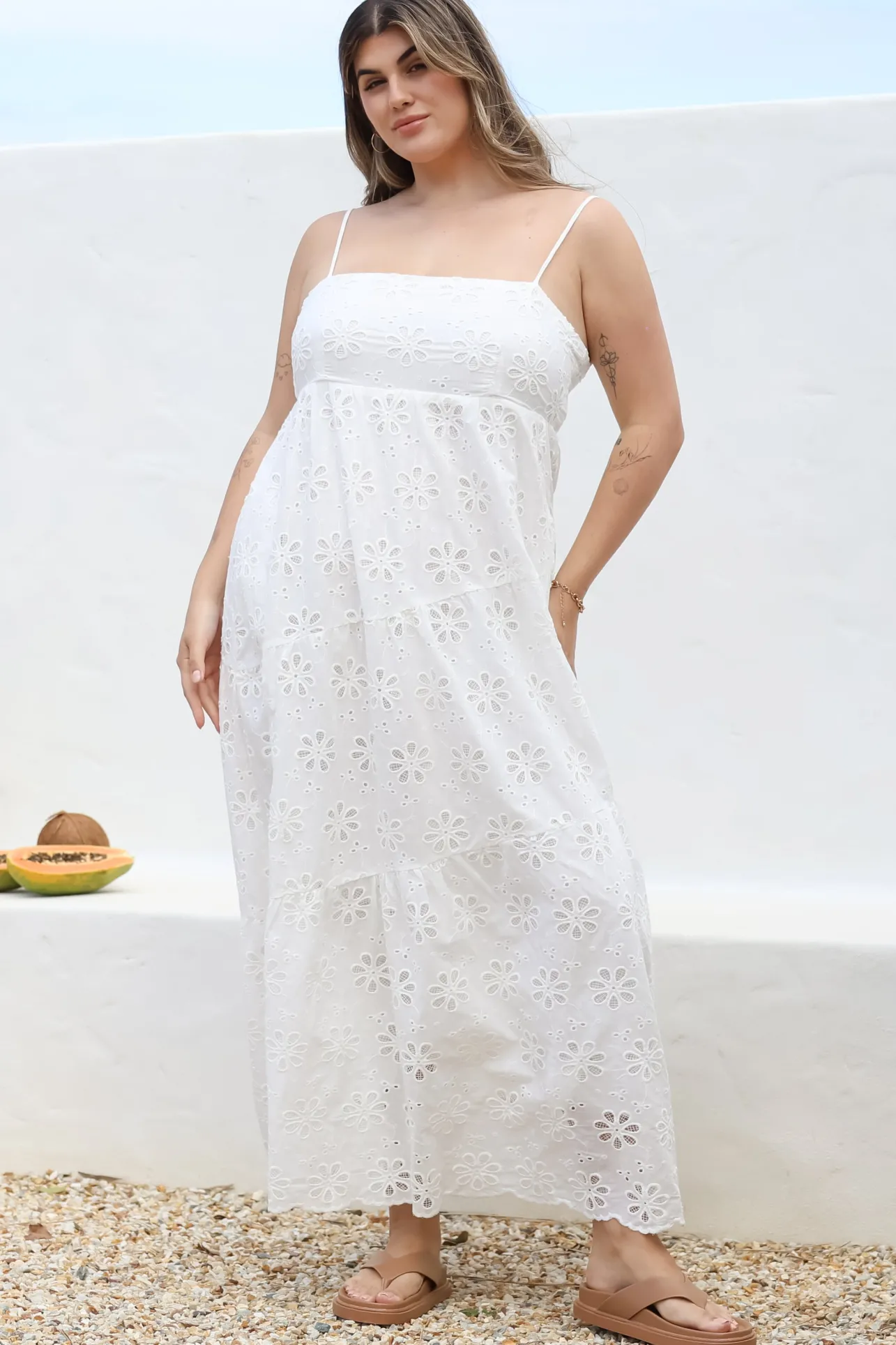 Giulia Maxi Dress - Floral Embroidered Sun Dress in White>Salty Crush Discount