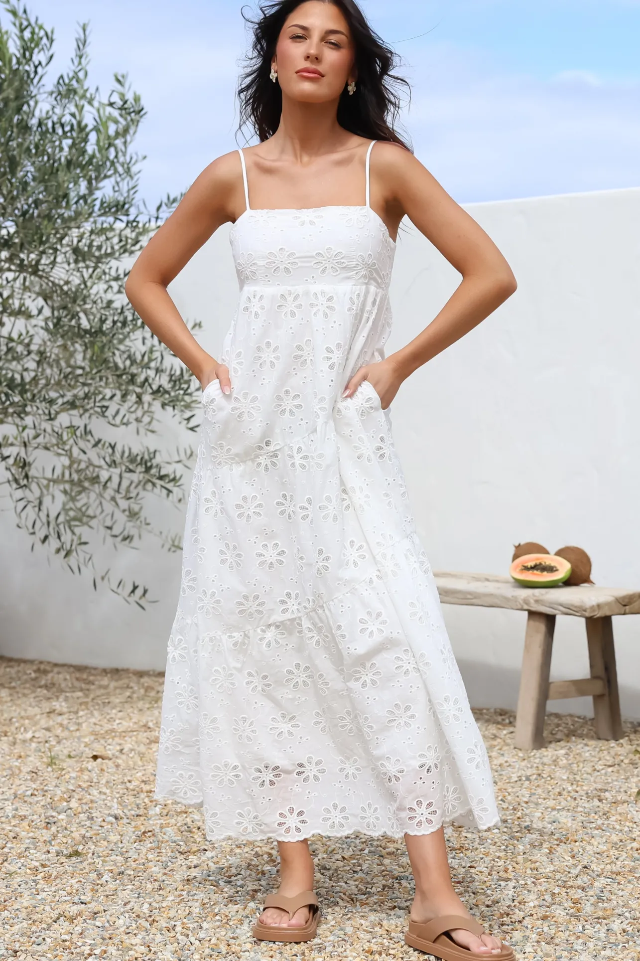 Giulia Maxi Dress - Floral Embroidered Sun Dress in White>Salty Crush Discount
