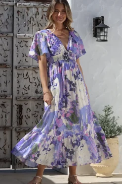 Glades Maxi Dress - V Neck Shirred Waist A Line Dress in Kamara Print Lilac>Salty Crush Hot