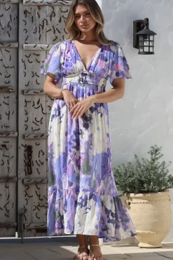 Glades Maxi Dress - V Neck Shirred Waist A Line Dress in Kamara Print Lilac><noscript><img width=