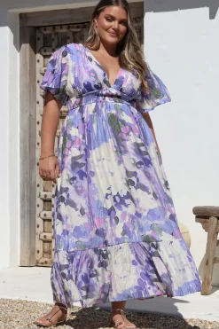 Glades Maxi Dress - V Neck Shirred Waist A Line Dress in Kamara Print Lilac><noscript><img width=