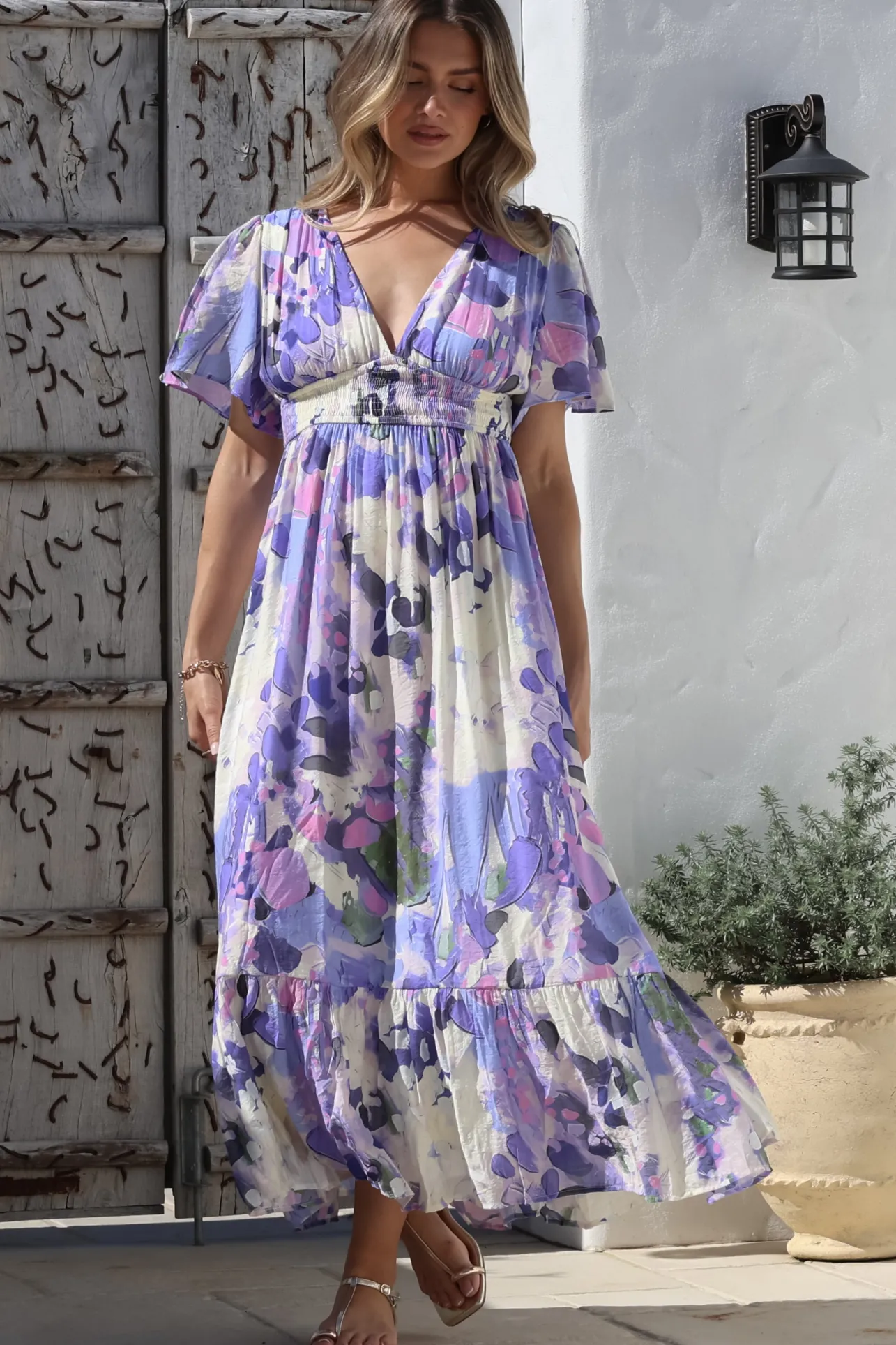 Glades Maxi Dress - V Neck Shirred Waist A Line Dress in Kamara Print Lilac>Salty Crush Hot