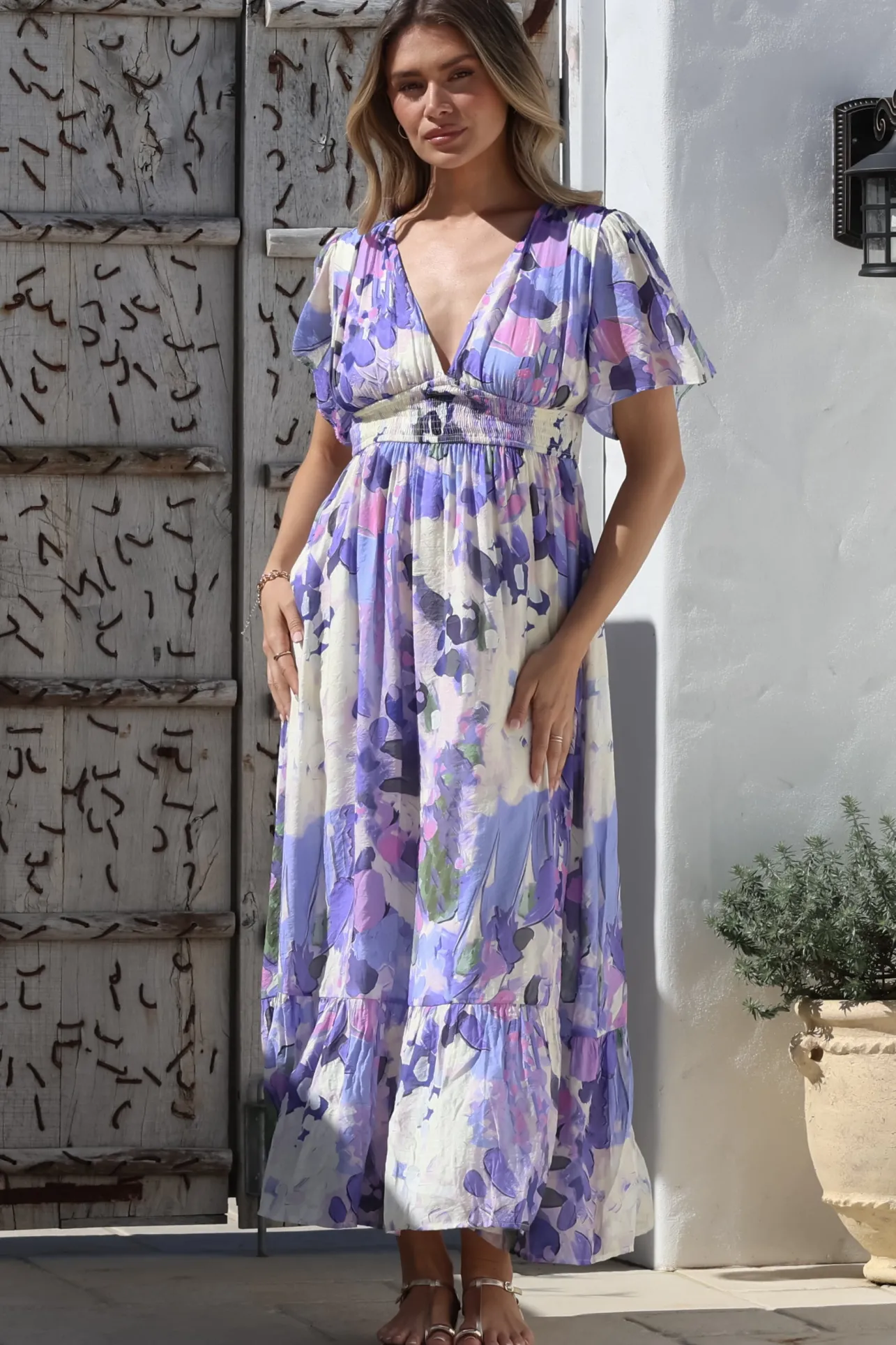 Glades Maxi Dress - V Neck Shirred Waist A Line Dress in Kamara Print Lilac>Salty Crush Hot