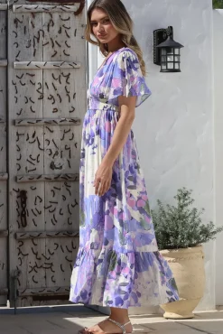 Glades Maxi Dress - V Neck Shirred Waist A Line Dress in Kamara Print Lilac><noscript><img width=