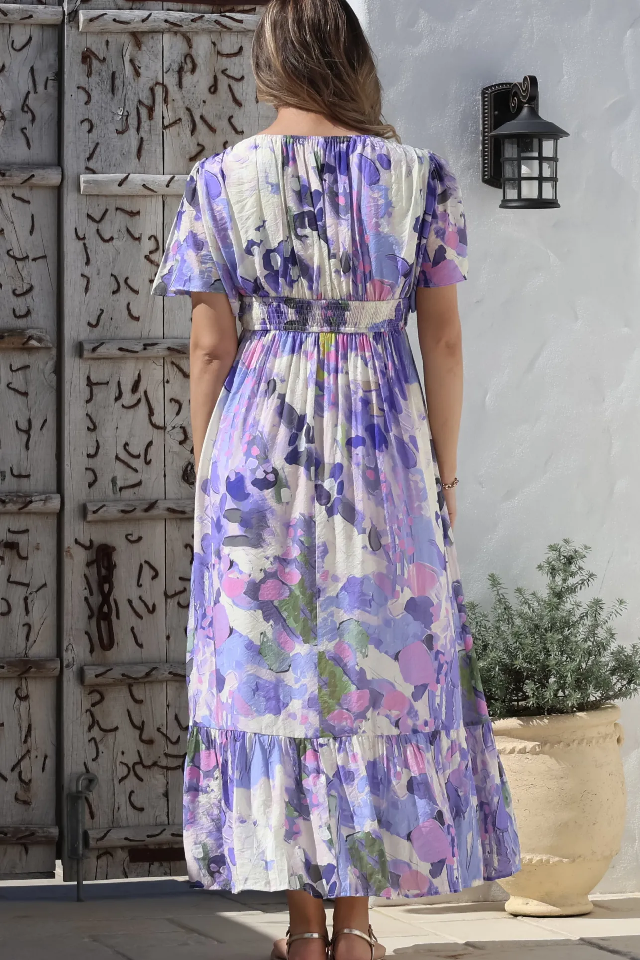 Glades Maxi Dress - V Neck Shirred Waist A Line Dress in Kamara Print Lilac>Salty Crush Hot