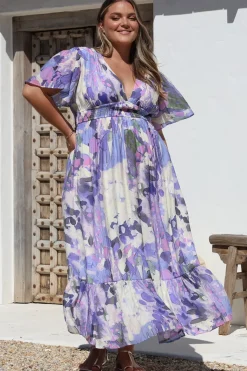 Glades Maxi Dress - V Neck Shirred Waist A Line Dress in Kamara Print Lilac><noscript><img width=