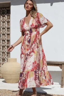 Glades Maxi Dress - V Neck Shirred Waist A Line Dress in Kamara Print Red>Salty Crush Discount