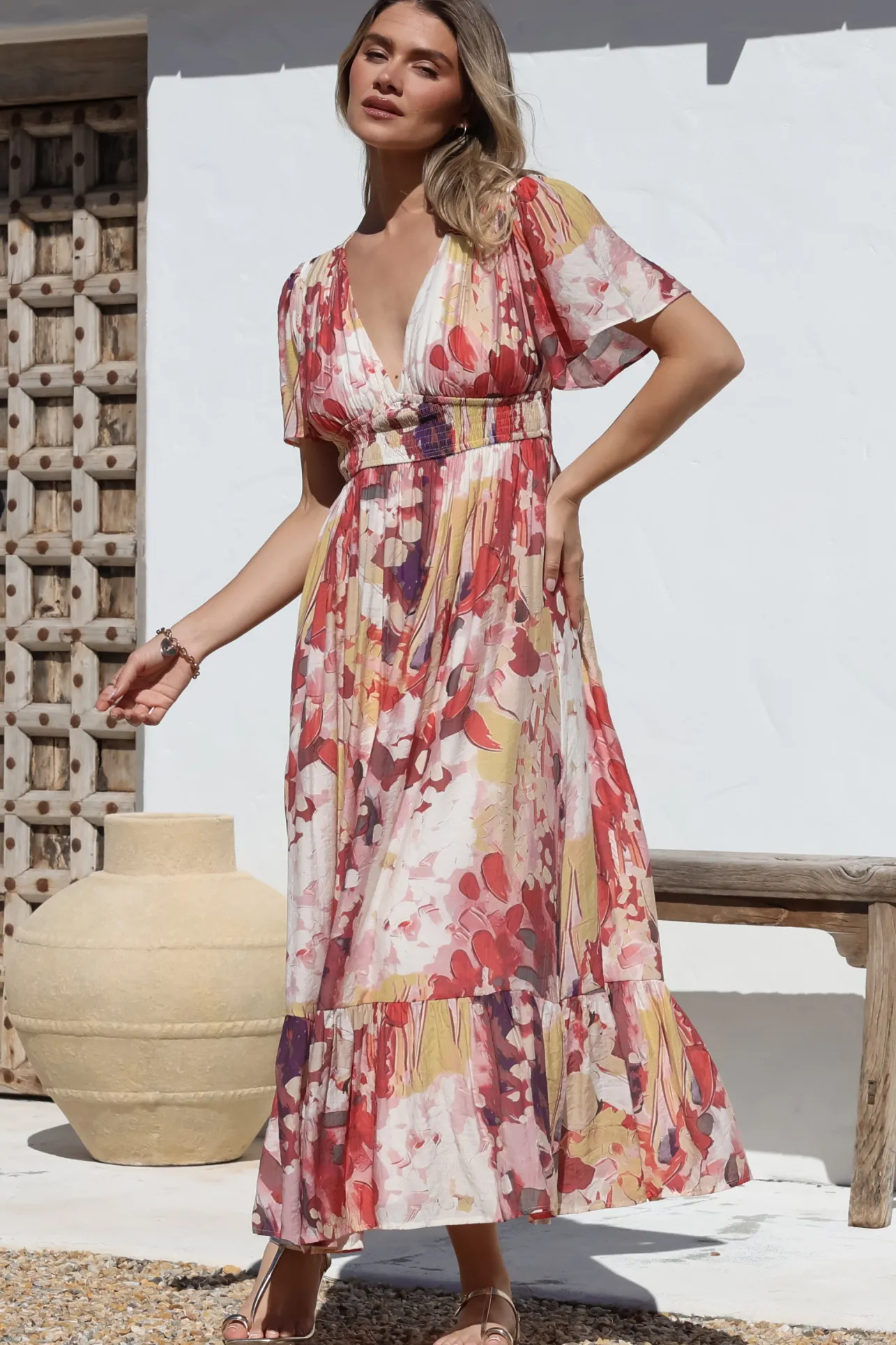 Glades Maxi Dress - V Neck Shirred Waist A Line Dress in Kamara Print Red>Salty Crush Discount