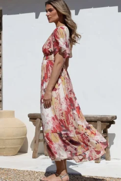 Glades Maxi Dress - V Neck Shirred Waist A Line Dress in Kamara Print Red><noscript><img width=