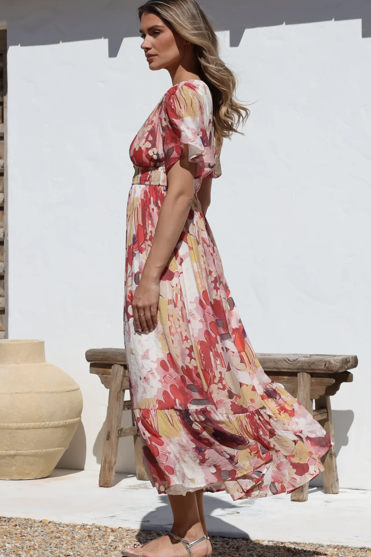 Glades Maxi Dress - V Neck Shirred Waist A Line Dress in Kamara Print Red>Salty Crush Discount