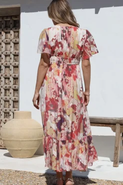 Glades Maxi Dress - V Neck Shirred Waist A Line Dress in Kamara Print Red><noscript><img width=