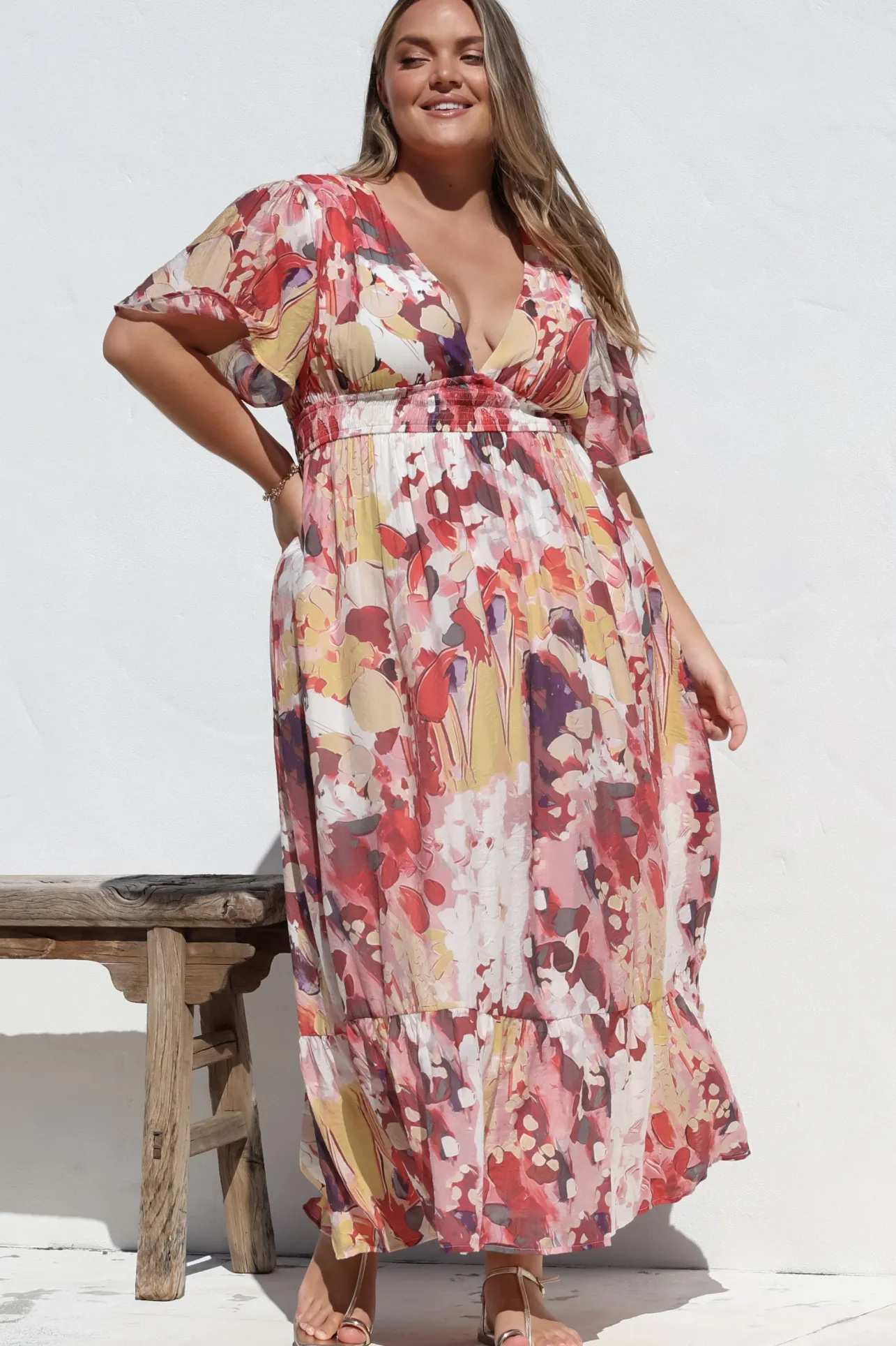 Glades Maxi Dress - V Neck Shirred Waist A Line Dress in Kamara Print Red>Salty Crush Discount