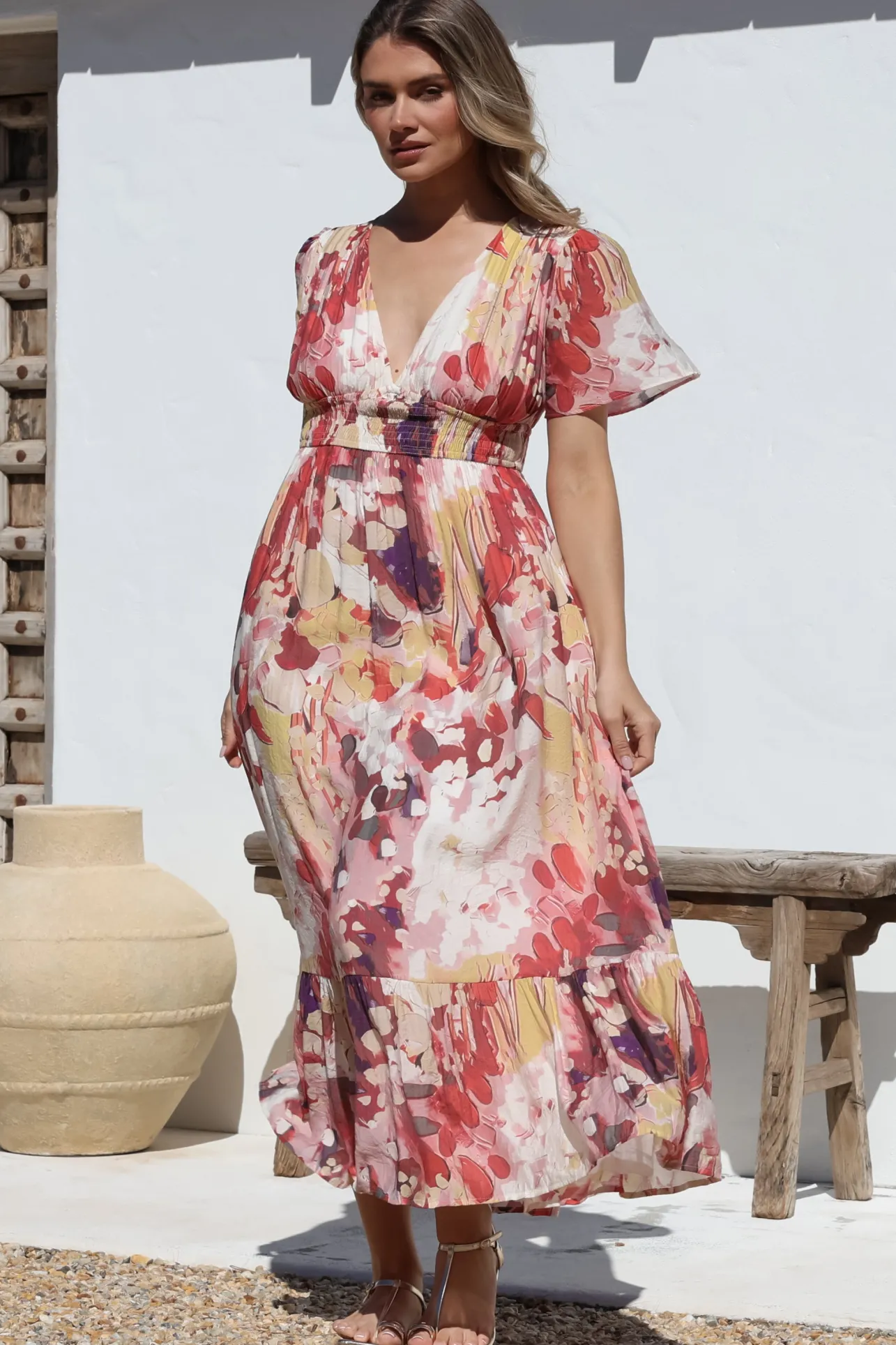 Glades Maxi Dress - V Neck Shirred Waist A Line Dress in Kamara Print Red>Salty Crush Discount
