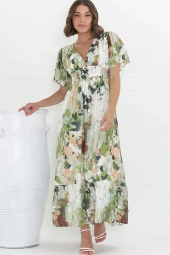 Glades Maxi Dress - V Neck Shirred Waist A Line Dress in Kamara Print Green><noscript><img width=