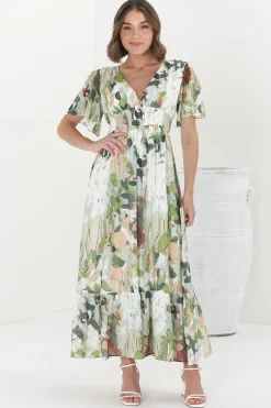 Glades Maxi Dress - V Neck Shirred Waist A Line Dress in Kamara Print Green><noscript><img width=