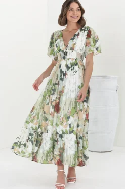 Glades Maxi Dress - V Neck Shirred Waist A Line Dress in Kamara Print Green><noscript><img width=