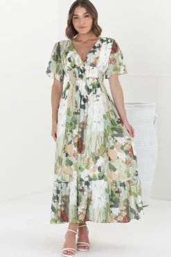 Glades Maxi Dress - V Neck Shirred Waist A Line Dress in Kamara Print Green><noscript><img width=