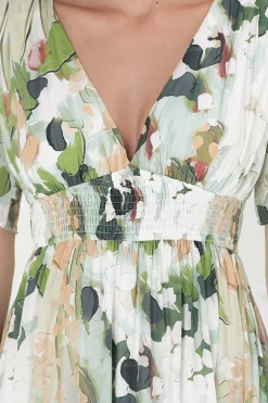 Glades Maxi Dress - V Neck Shirred Waist A Line Dress in Kamara Print Green><noscript><img width=