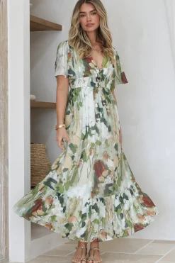 Glades Maxi Dress - V Neck Shirred Waist A Line Dress in Kamara Print Green><noscript><img width=