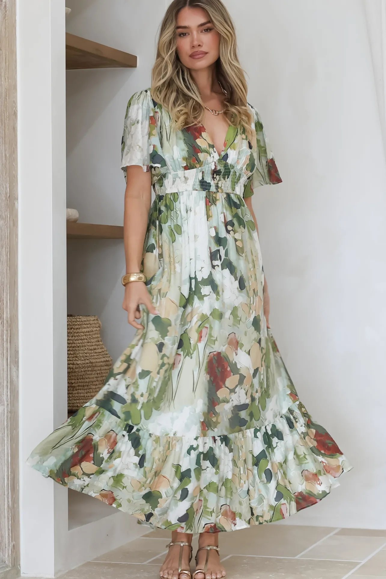 Glades Maxi Dress - V Neck Shirred Waist A Line Dress in Kamara Print Green>Salty Crush New