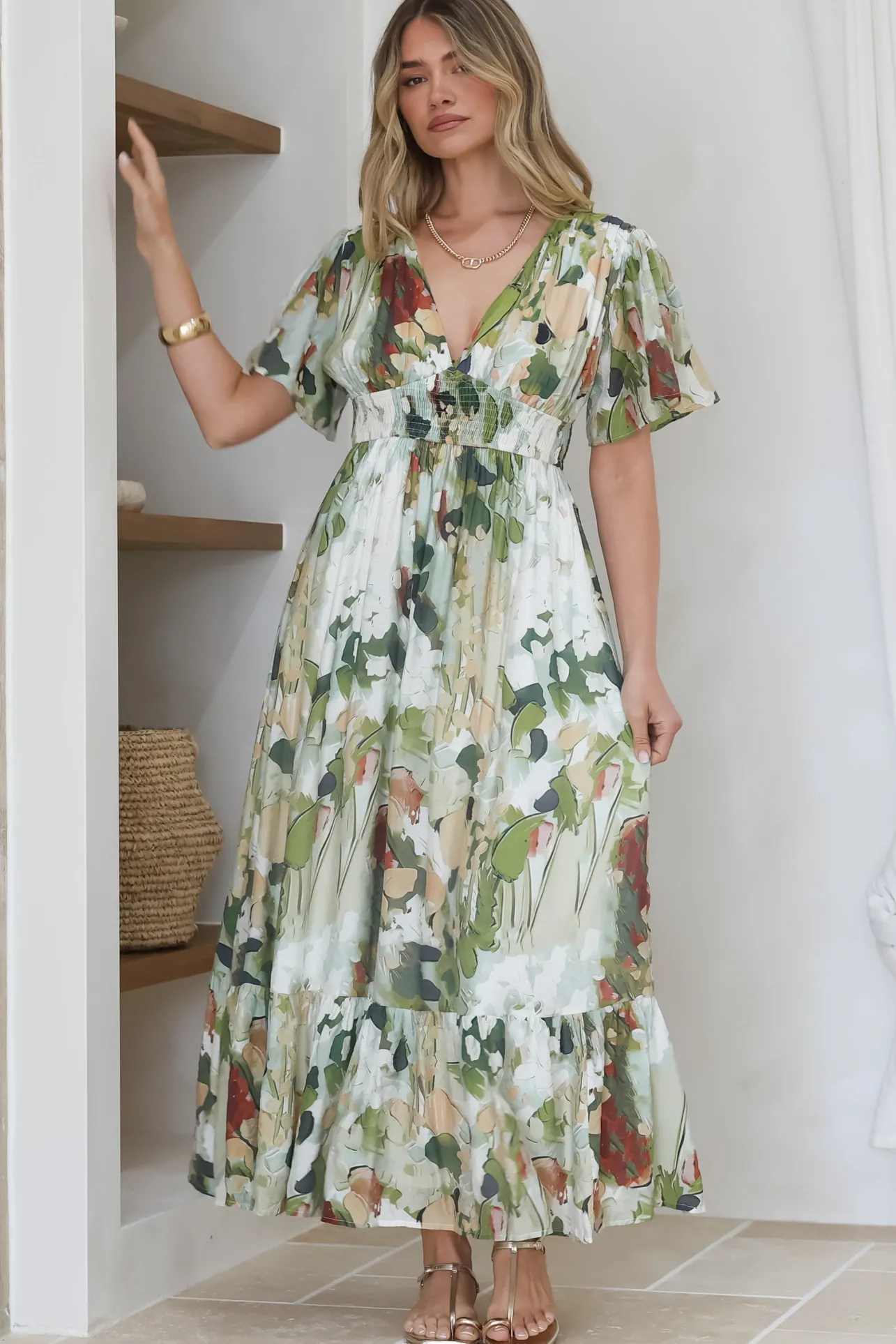 Glades Maxi Dress - V Neck Shirred Waist A Line Dress in Kamara Print Green>Salty Crush New
