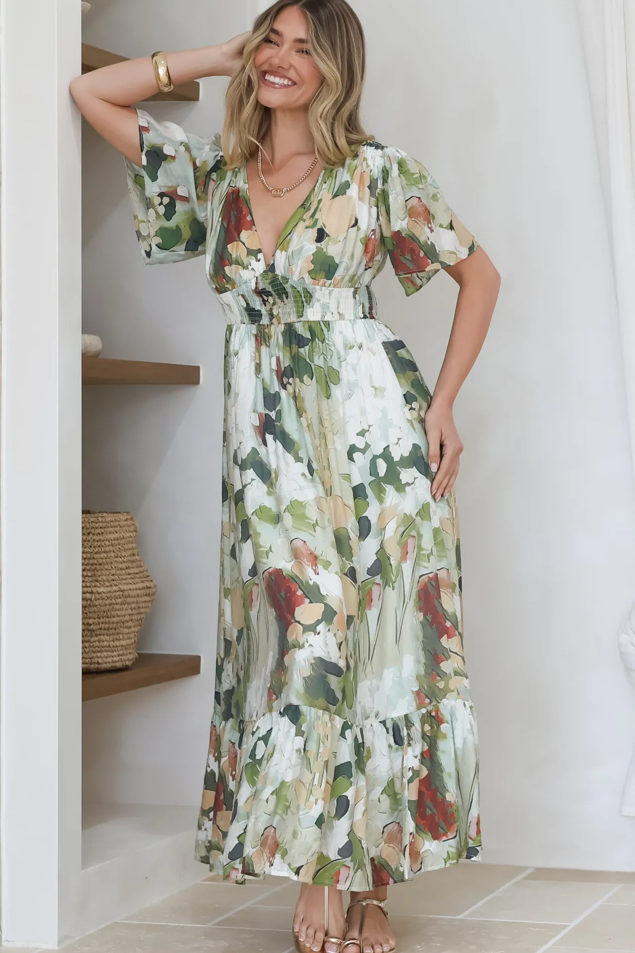 Glades Maxi Dress - V Neck Shirred Waist A Line Dress in Kamara Print Green>Salty Crush New