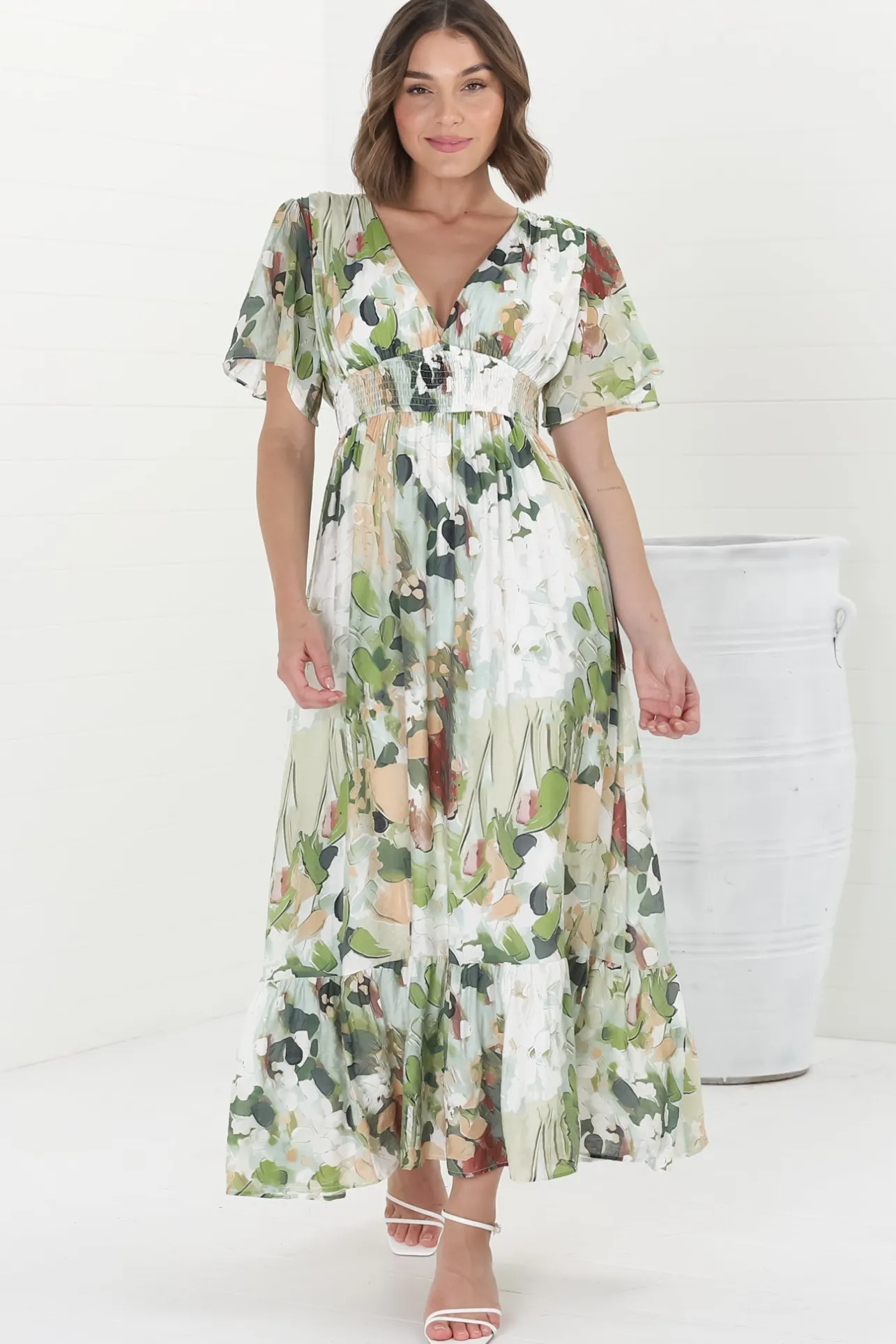 Glades Maxi Dress - V Neck Shirred Waist A Line Dress in Kamara Print Green>Salty Crush New