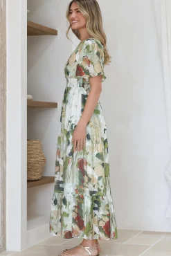 Glades Maxi Dress - V Neck Shirred Waist A Line Dress in Kamara Print Green><noscript><img width=
