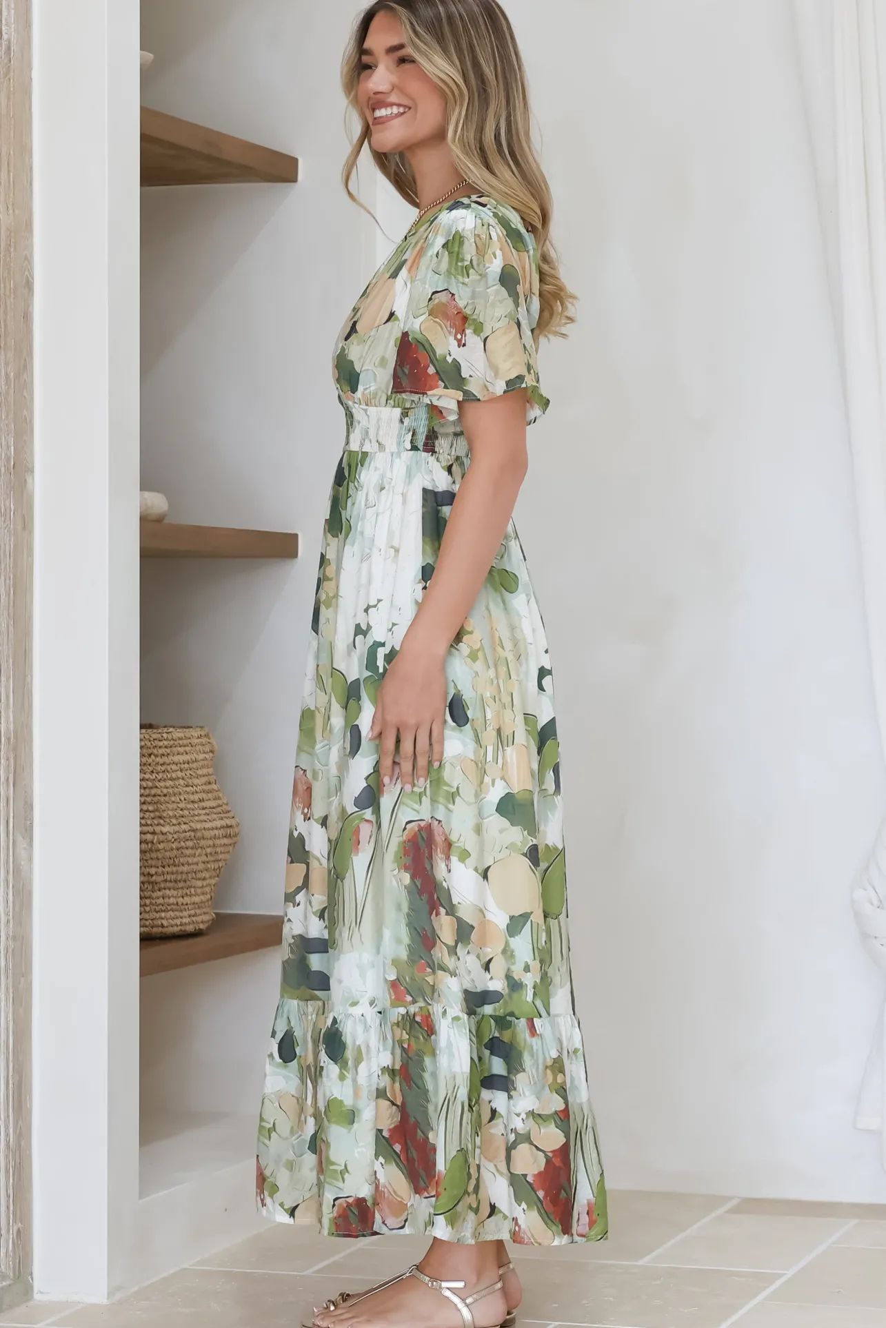Glades Maxi Dress - V Neck Shirred Waist A Line Dress in Kamara Print Green>Salty Crush New