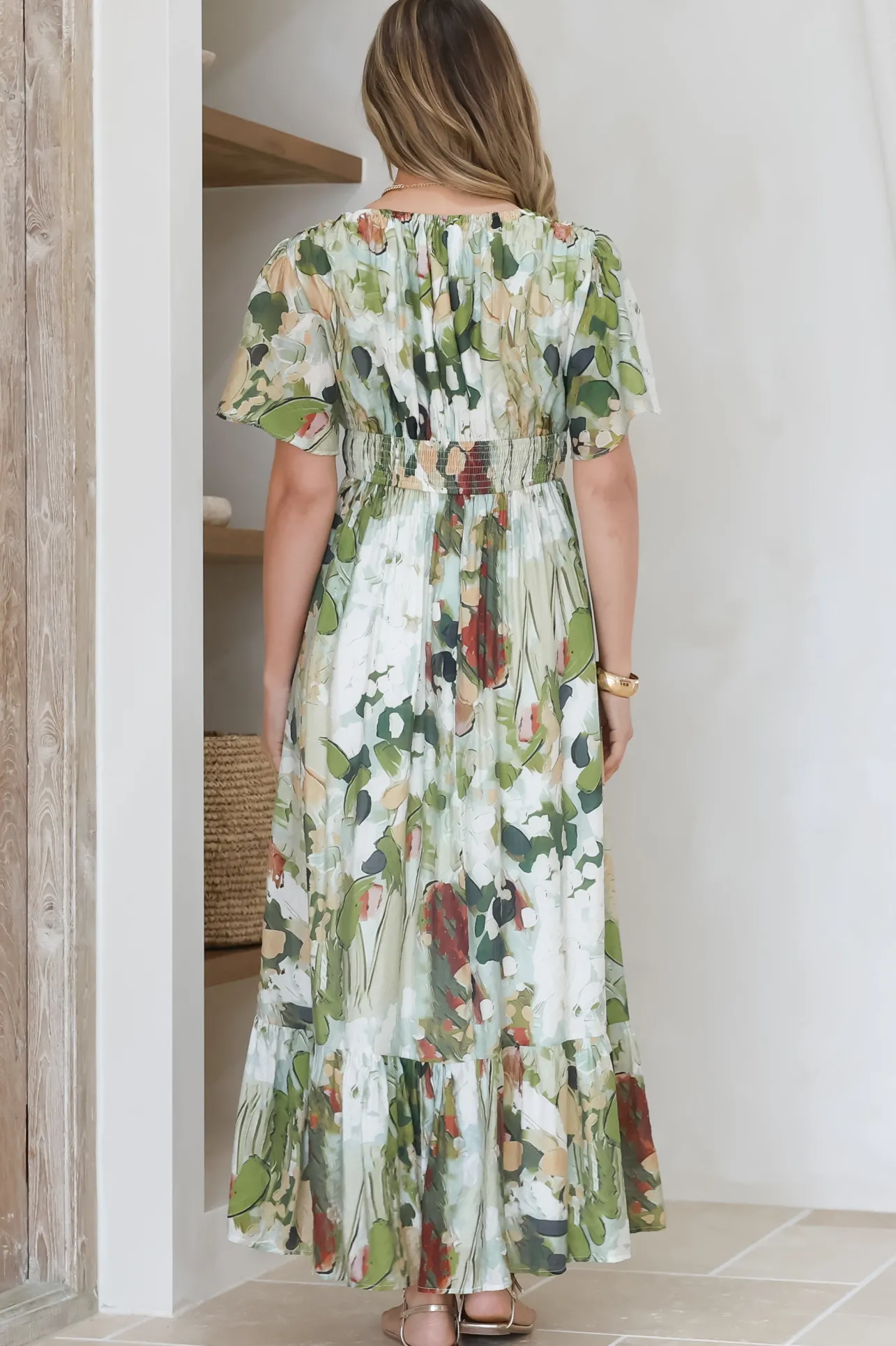 Glades Maxi Dress - V Neck Shirred Waist A Line Dress in Kamara Print Green>Salty Crush New